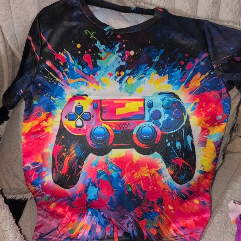 Unk Multicolor Video Game Controller Graphic Tee - Black Base with Neon Splash